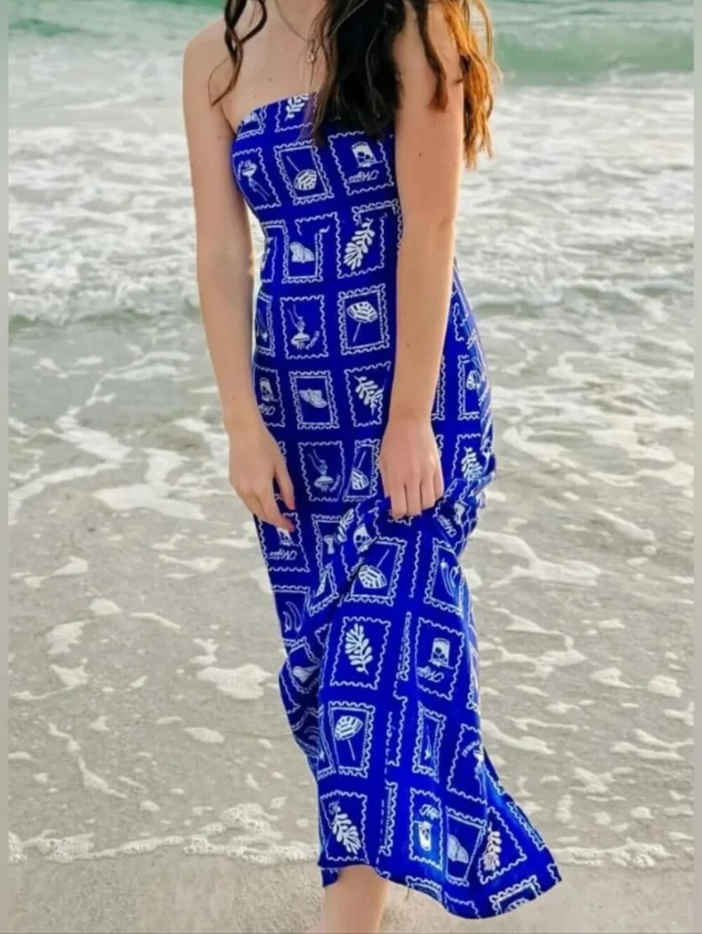 Paper Moon Beach Vacation Print Blue & White Midi Sleeveless Tube Dress Medium
